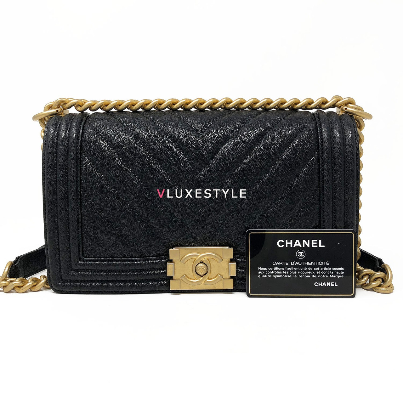 Chanel 18K Le Boy Old Medium Black Chevron Caviar with brushed