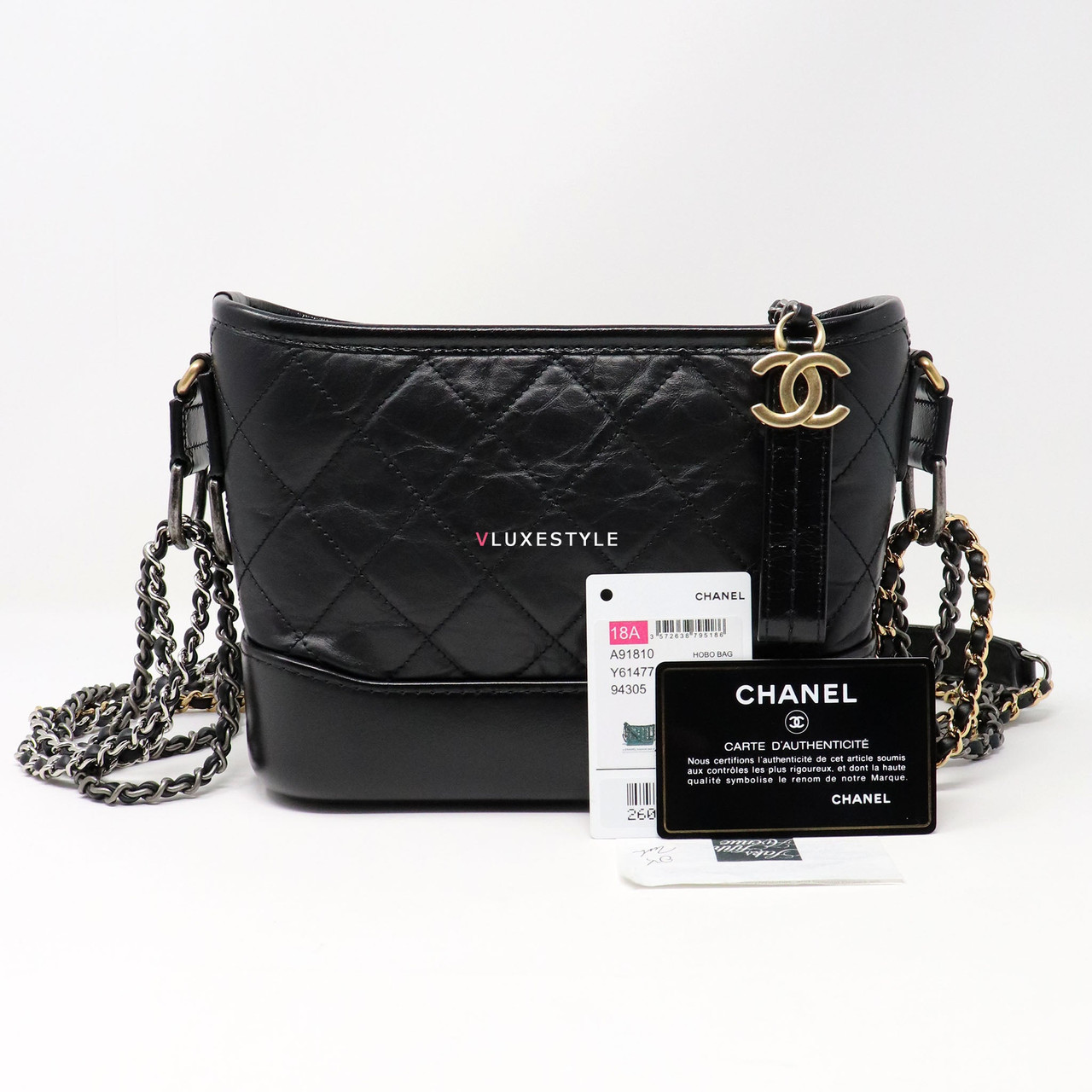 Chanel 18A Small Gabrielle Hobo Black Quilted Aged Calfskin, Smooth Calfskin  with mixed hardware