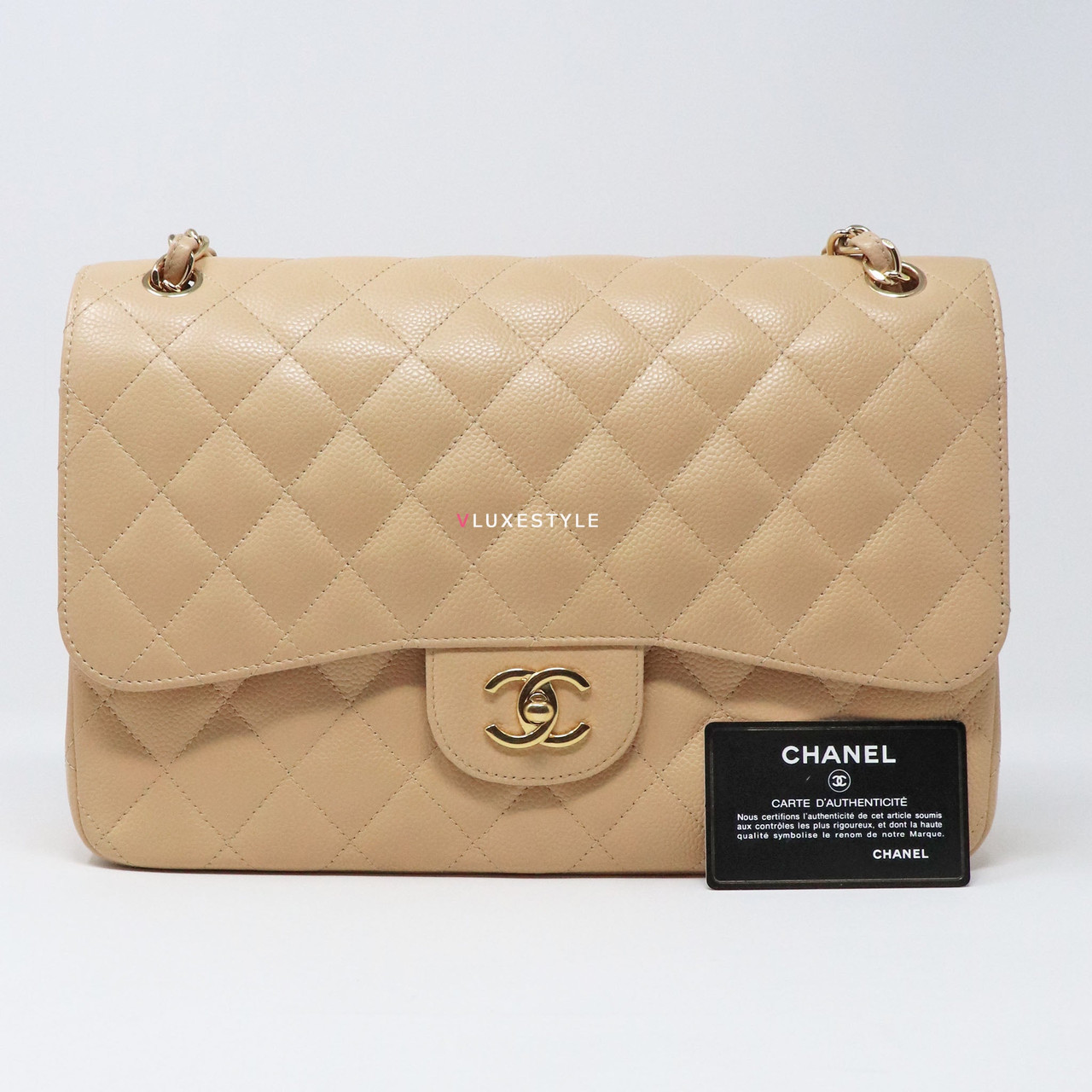 CHANEL  Tan Classic Double Flap Bag Quilted Caviar Jumbo – The