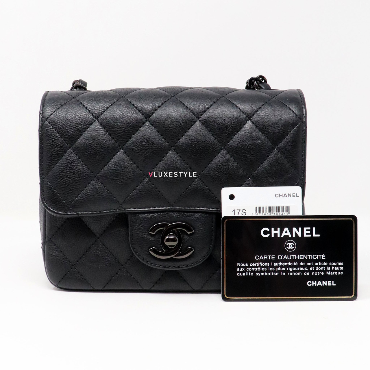 Chanel Classic 17S So Black Mini Square Crumpled Calfskin with shiny black  hardware