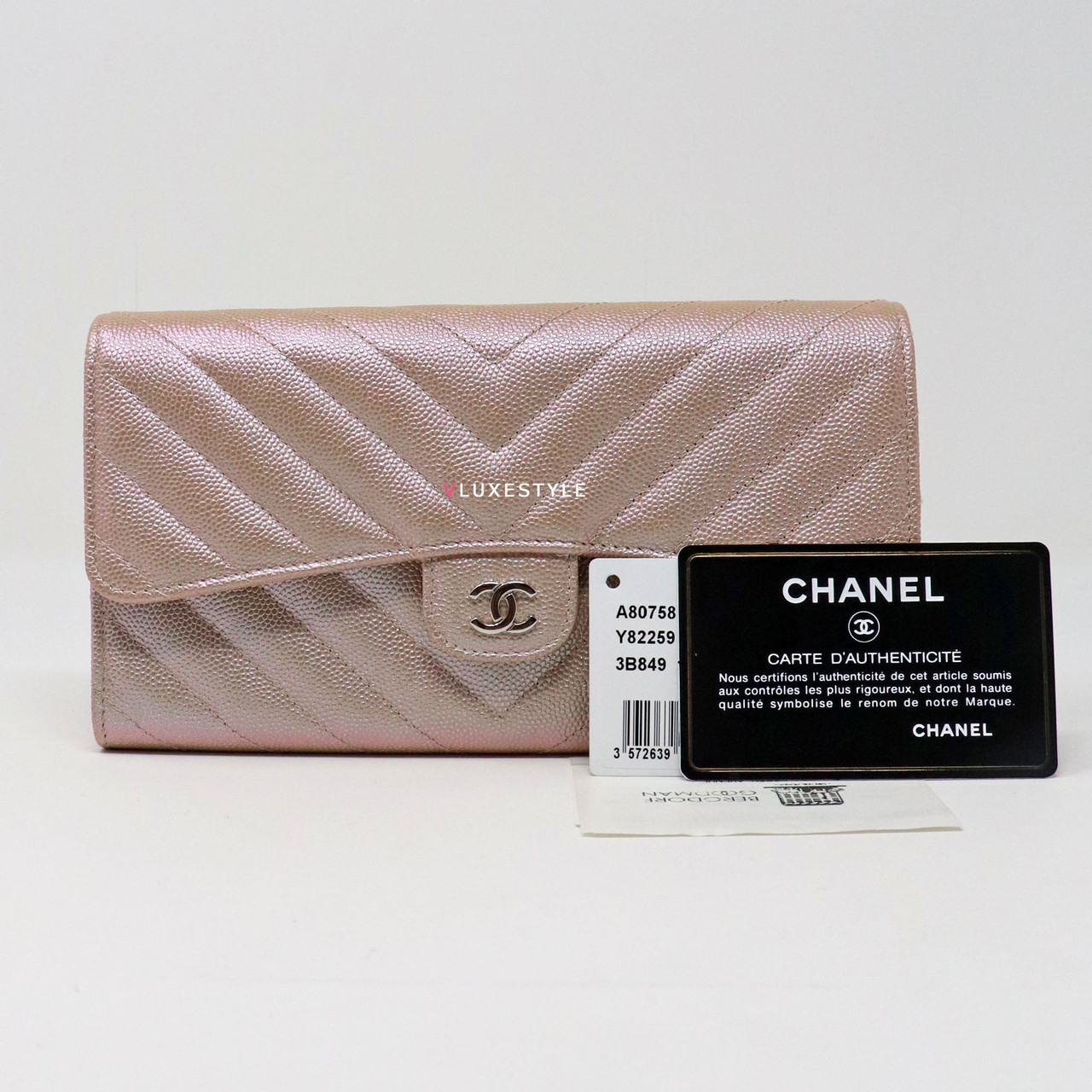 Chanel L Gusset Flap Wallet 17B Iridescent Rose Gold Chevron