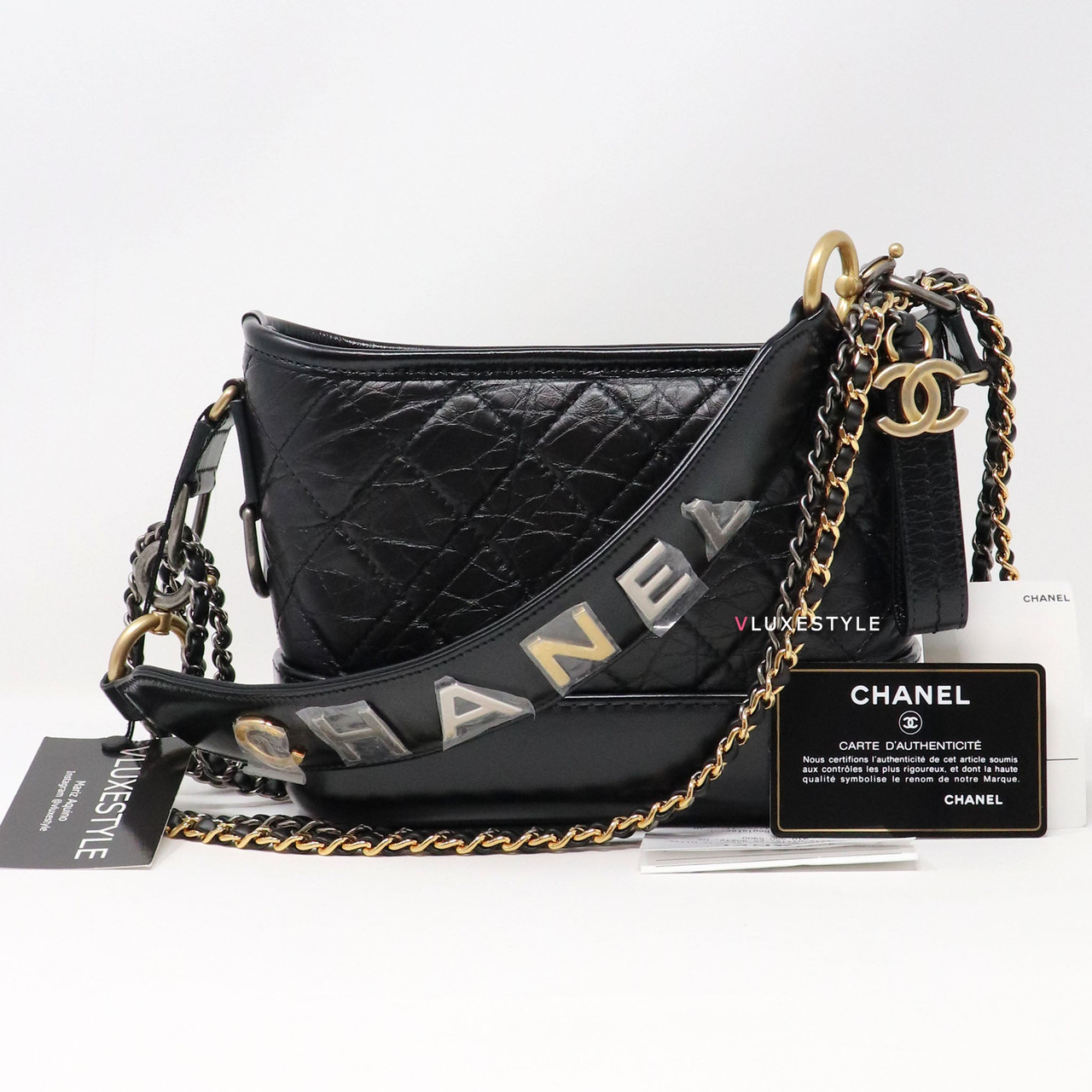 Chanel Gabrielle Small Hobo Bag Black Aged Calfskin Smooth Calfskin