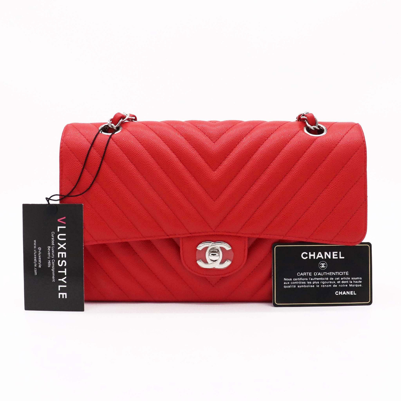 Chanel Classic Medium Double Flap 17S Red Chevron Caviar with