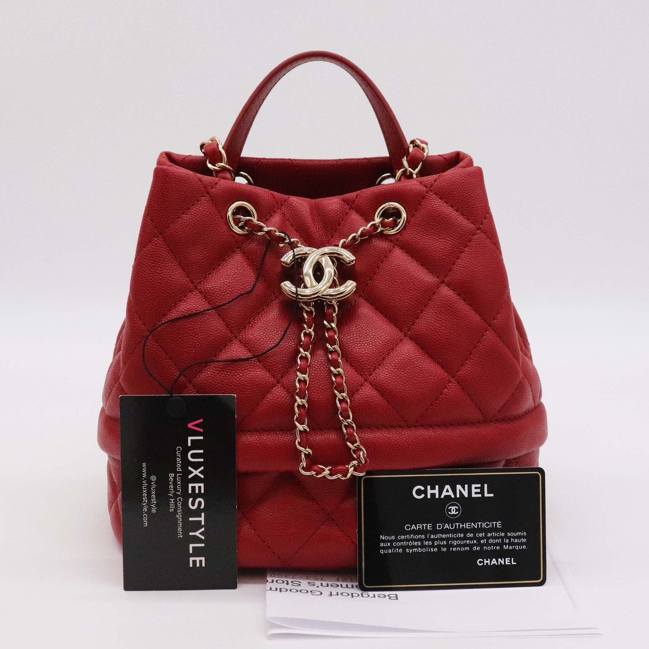 Chanel Drawstring Bucket 19B Red Quilted Caviar with shiny light