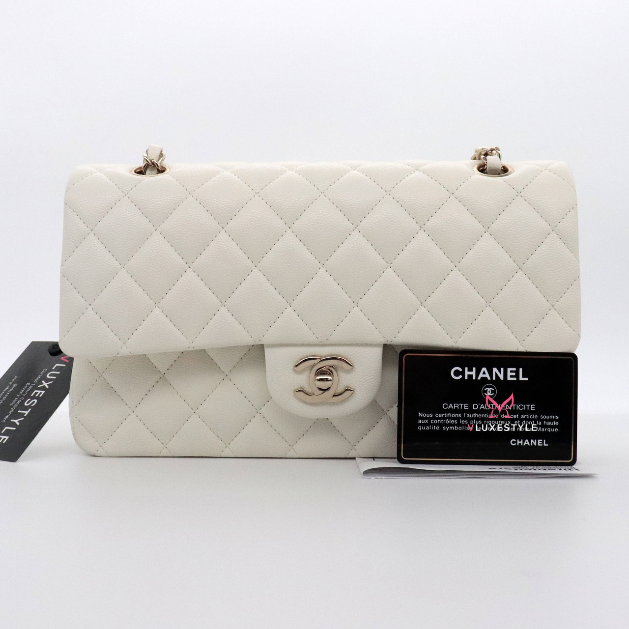 Chanel White Quilted Caviar Medium Classic Double Flap Bag Silver Hardware