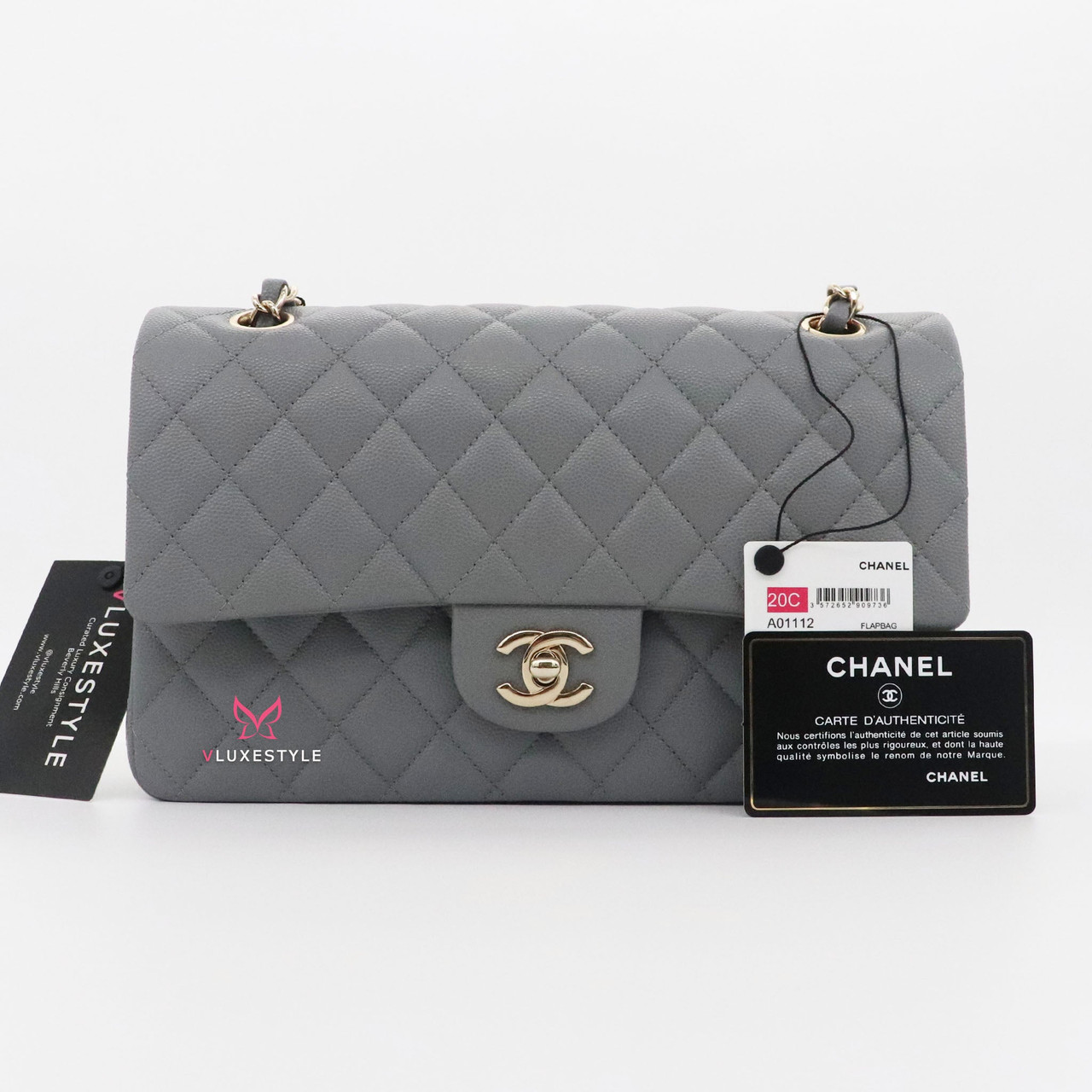 Chanel Classic Medium Double Flap 20C Gray/Grey Quilted Caviar with light  gold hardware