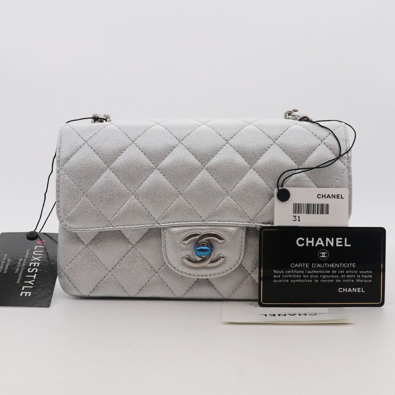 Chanel Metallic Silver Quilted Lambskin Small Classic Double Flap Silver Hardware, 2021, Womens Handbag