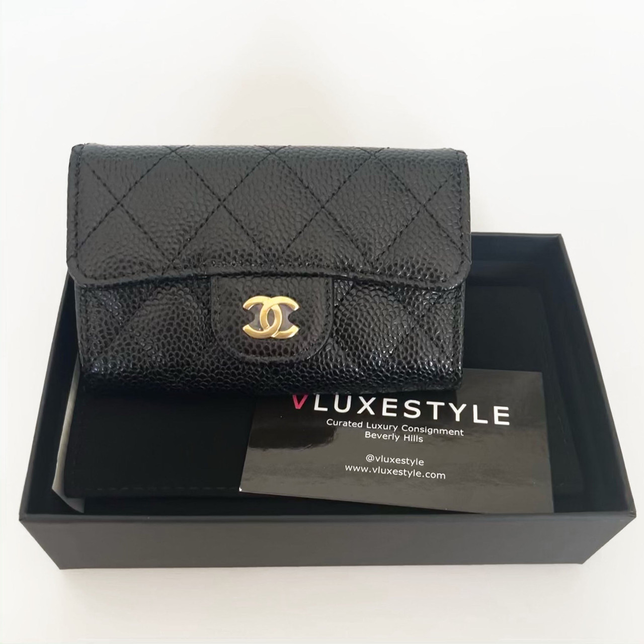 Chanel Card Holder Black Quilted Caviar with gold hardware