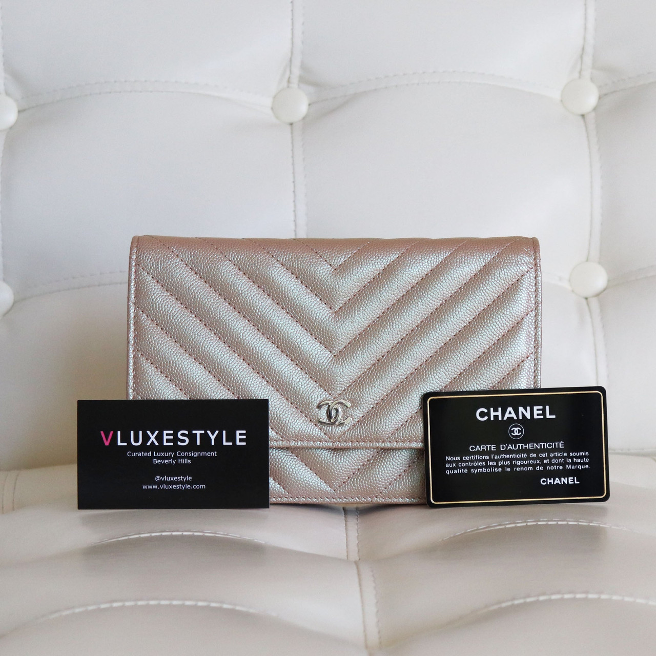Chanel Classic Wallet on Chain 17B Iridescent Rose Gold Chevron