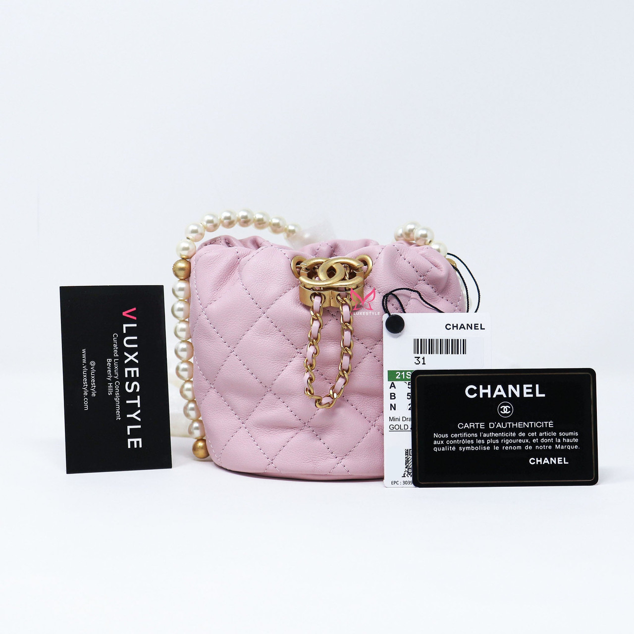 Chanel CC Pearl Mini Drawstring Bucket Bag 21S Light Pink 