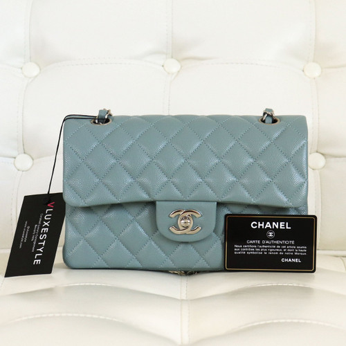 VAN CLEEF 
ARPELS Chanel Classic Small Double Flap 20B Blue Gray Quilted Caviar with silver hardware-1653444137 