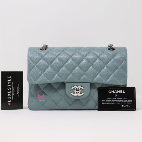 VAN CLEEF 
ARPELS Chanel Classic Small Double Flap 20B Blue Gray Quilted Caviar with silver hardware-1653444137 