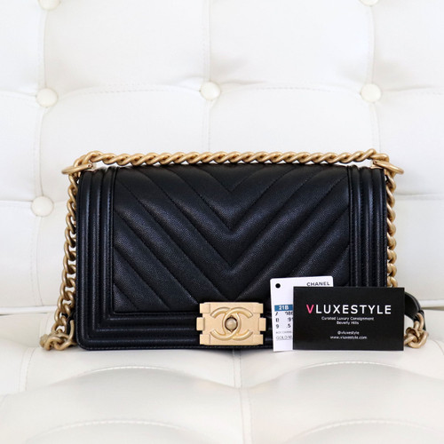 VAN CLEEF & ARPELS Chanel Le Boy Old Medium 21B Black Chevron Caviar with brushed gold hardware 