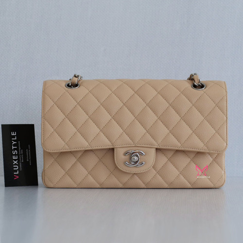 VAN CLEEF 
ARPELS Chanel Classic Medium Double Flap Beige Clair Quilted Caviar with silver hardware-1653444308 