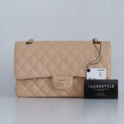 VAN CLEEF & ARPELS Chanel Classic Medium Double Flap Beige Quilted Caviar with gold hardware-1653444333 
