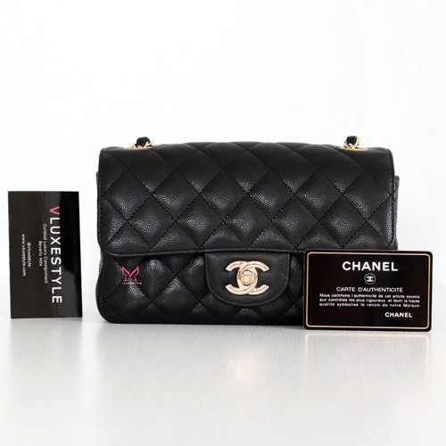 VAN CLEEF 
ARPELS Chanel Classic Mini Rectangular 17C Black Quilted Caviar with light gold hardware-1653444642 