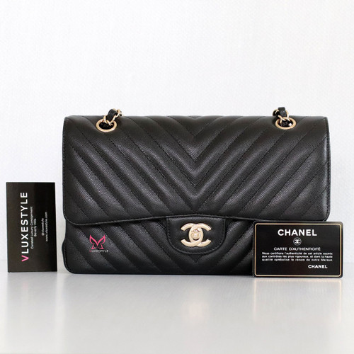 VAN CLEEF & ARPELS Chanel Classic Medium Double Flap 18B Black Chevron Caviar with light gold hardware 