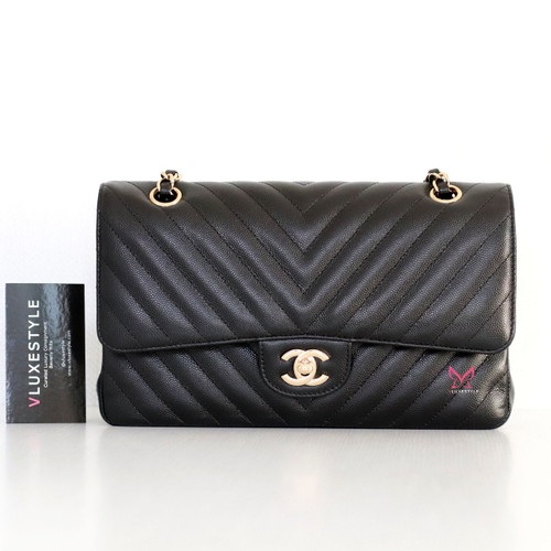VAN CLEEF & ARPELS Chanel Classic Medium Double Flap 18B Black Chevron Caviar with light gold hardware 