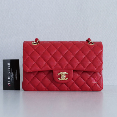 VAN CLEEF 
ARPELS Chanel Classic Small Flap 19B Red Quilted Caviar with light gold hardware 