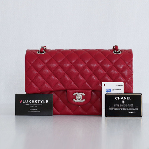 VAN CLEEF 
ARPELS Chanel Classic Medium Double Flap 18B Red Quilted Caviar with silver hardware 