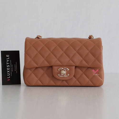 VAN CLEEF 
ARPELS Partial payment: Chanel Classic Mini Rectangular 21P Caramel/Medium Brown Quilted Lambskin with light gold hardware 