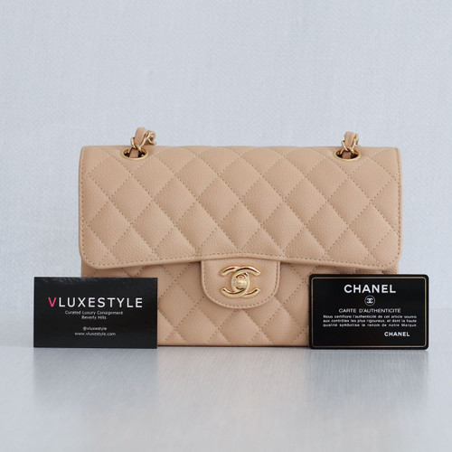 VAN CLEEF & ARPELS Chanel Classic Small Double Flap Beige Quilted Caviar with gold hardware-1653445018 