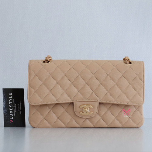 VAN CLEEF 
ARPELS Chanel Classic Medium Double Flap Beige Clair Quilted Caviar with gold hardware-1653445080 