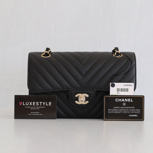 VAN CLEEF & ARPELS Chanel Classic Small Double Flap 21S Black Chevron Matte Caviar with light gold hardware-1653445200 