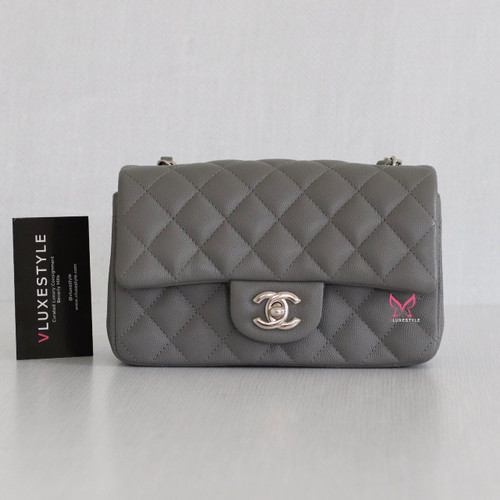 VAN CLEEF & ARPELS Chanel Classic Mini Rectangular 17B Gray/Grey Quilted Caviar with silver hardware 