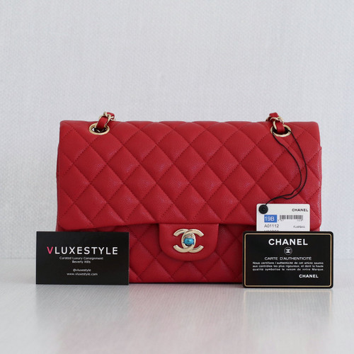 VAN CLEEF & ARPELS Chanel Classic Medium Double Flap 19B Red Quilted Caviar with light gold hardware-1653445388 