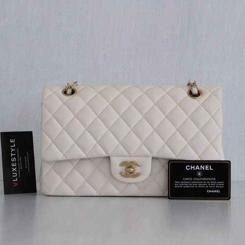 VAN CLEEF 
ARPELS Chanel Classic Medium Double Flap 19B White Quilted Caviar with light gold hardware-1653445443 