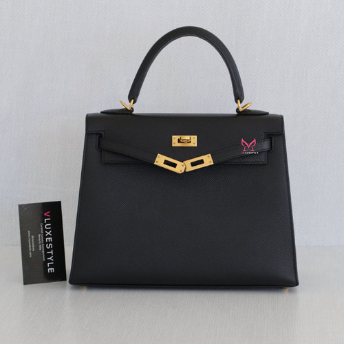 VAN CLEEF 
ARPELS Hermes Kelly 25 Black Epsom Sellier with gold plated hardware-1653445540 