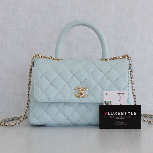 VAN CLEEF 
ARPELS Chanel Mini/Small Coco Handle 21K Pale Blue Quilted Caviar with light gold hardware 