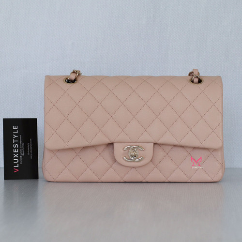 VAN CLEEF & ARPELS Chanel Classic Medium Double Flap 22C Beige Quilted Caviar with light gold hardware 