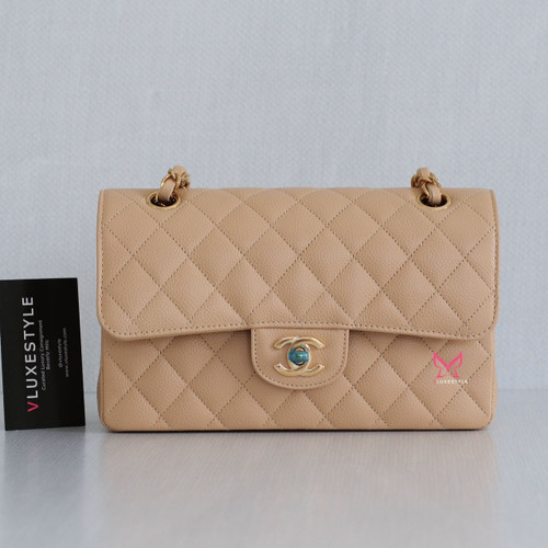 VAN CLEEF 
ARPELS Chanel Classic Small Double Flap Beige Clair Quilted Caviar with gold hardware-1653445722 