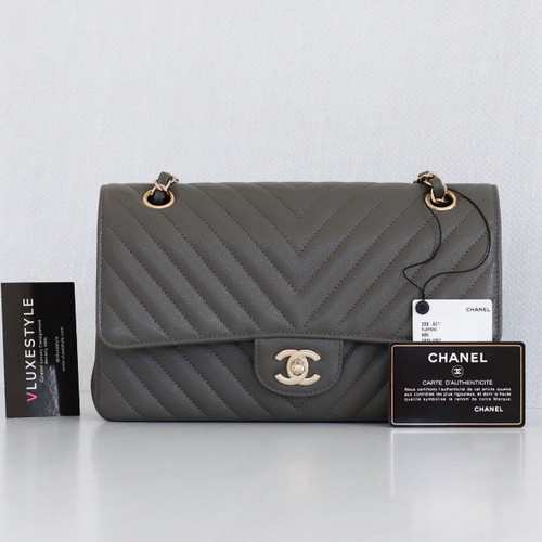 VAN CLEEF 
ARPELS Chanel Classic Medium Double Flap 20B Dark Gray/Grey Chevron Caviar with light gold hardware 