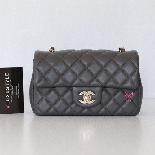 VAN CLEEF 
ARPELS Chanel Classic Mini Rectangular 20S Dark Gray/Grey Quilted Lambskin with light gold hardware 
