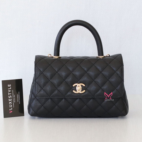 VAN CLEEF 
ARPELS Chanel Mini/Small Coco Handle 22P Black Quilted Caviar with light gold hardware 
