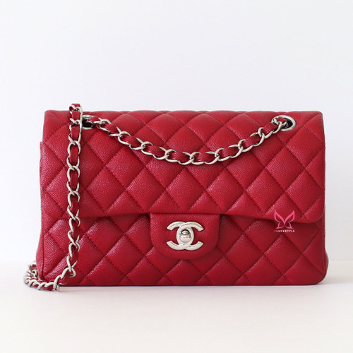 CHANEL Chanel Classic Small Flap 17B Red  Quilted Caviar with silver hardware 