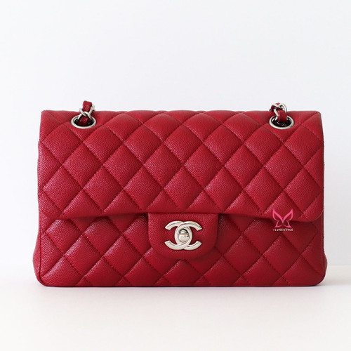 CHANEL Chanel Classic Small Flap 17B Red  Quilted Caviar with silver hardware 