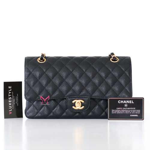 CHANEL Chanel Classic  Medium  Double Flap Black Quilted Caviar with gold hardware 