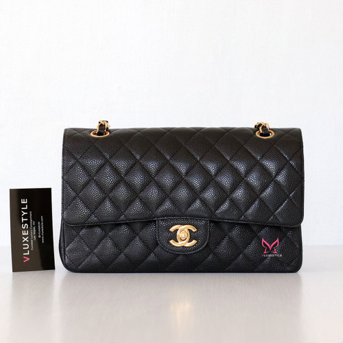 CHANEL Chanel Classic Medium  Double Flap Black Quilted Caviar with gold hardware 