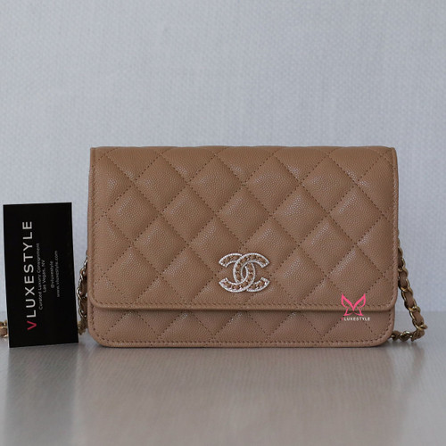 VAN CLEEF & ARPELS Chanel Wallet on Chain 22S Dark Beige Quilted Caviar CC Crystal with light gold hardware 