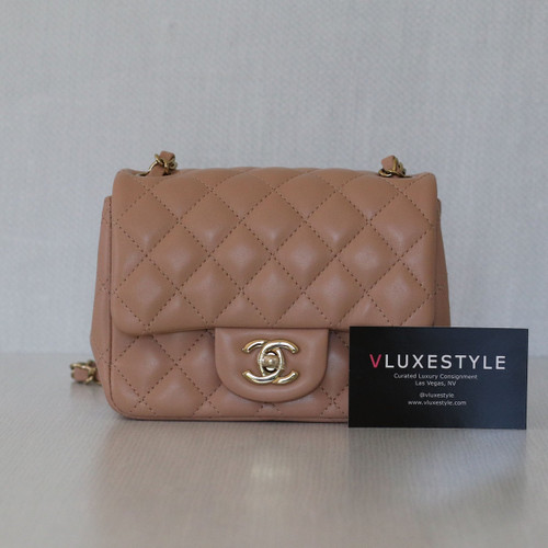 VAN CLEEF & ARPELS Chanel Classic Mini Square Flap 21A Dark Beige Quilted Lambskin with light gold hardware 