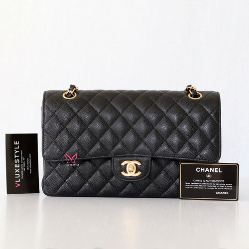 VAN CLEEF & ARPELS Chanel Classic Medium Double Flap Black Quilted Caviar with gold  hardware 
