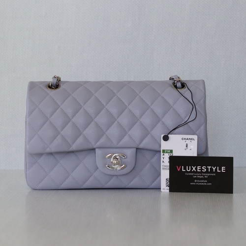 VAN CLEEF & ARPELS Chanel Classic Medium Double Flap 21K Purple/Lilac Quilted Caviar with silver hardware 