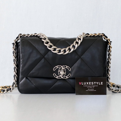  Chanel Small/Medium 19 Flap 22C Black Lambskin with multi-tone hardware 