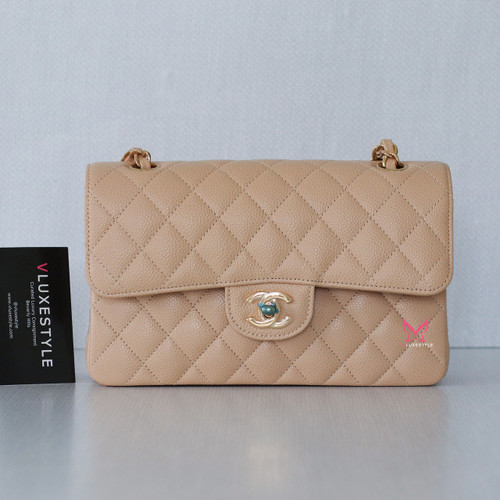 CHANEL Chanel Classic Small Double Flap Beige Clair Quilted Caviar with  gold hardware 