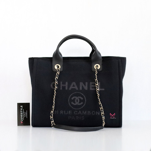 VAN CLEEF 
ARPELS Chanel Medium Deauville Shopping Tote with Handle 22A Black Mixed Fibers with light gold hardware 