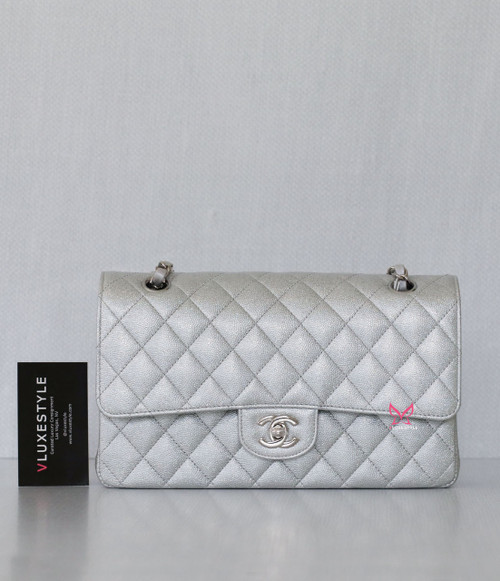 CHANEL Chanel Classic Medium Flap 21K Silver Caviar with silver hardware 